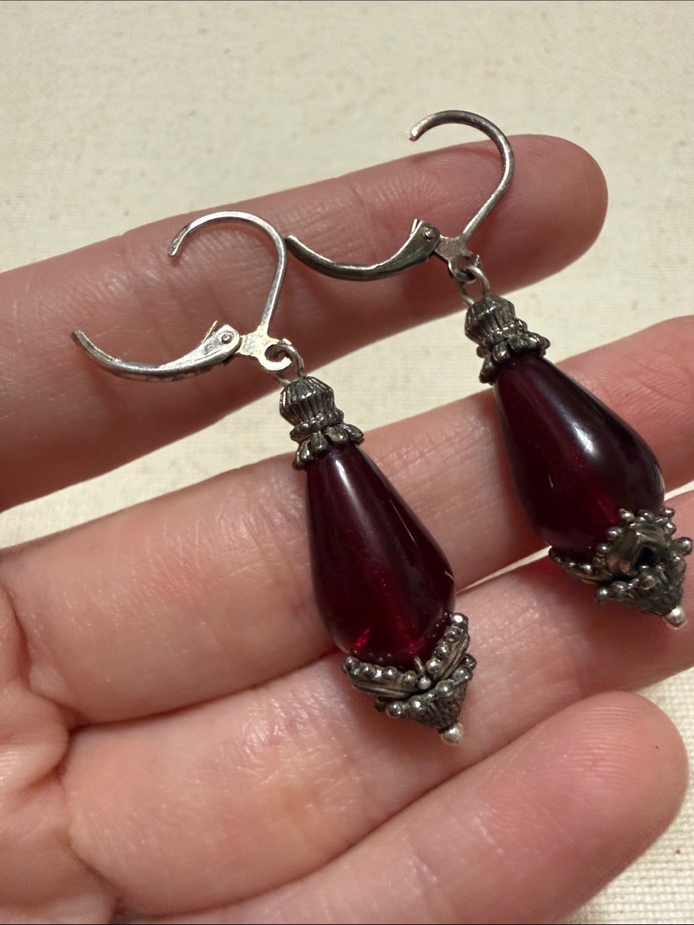 Elegant Sterling Burgundy Teardrop Dangle Earrings - Picture 6 of 10